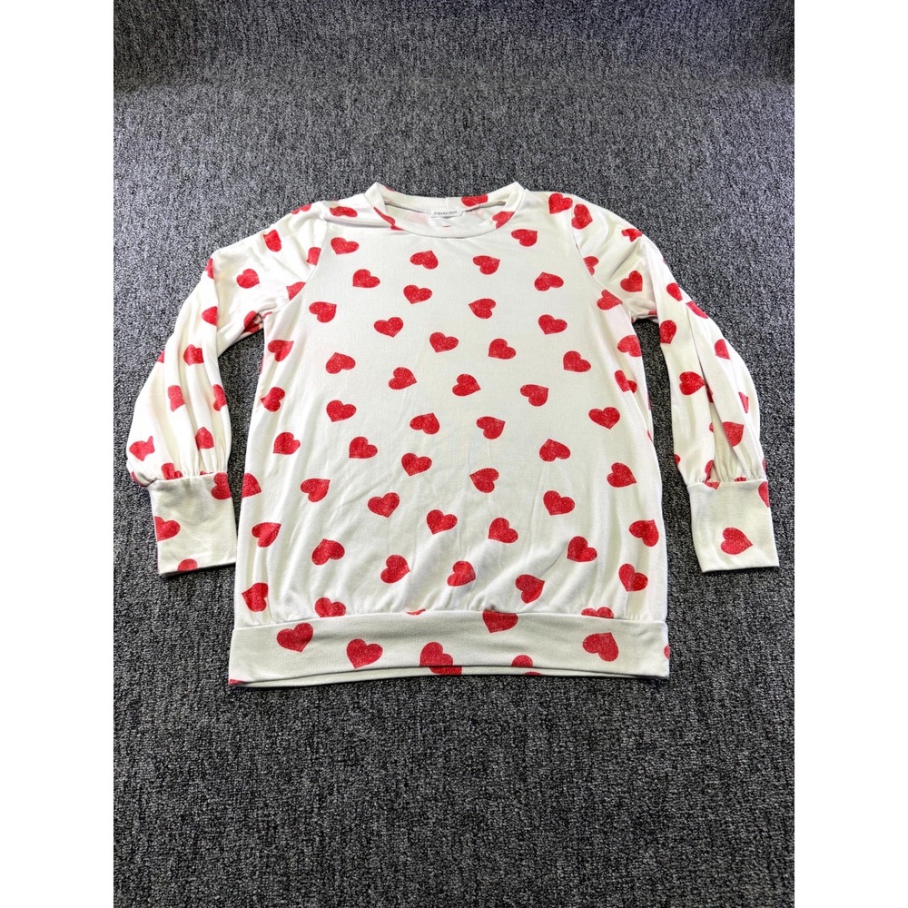 First Love by Lovelyn Top Womens White Red Valentine Heart Comfort Crew Neck